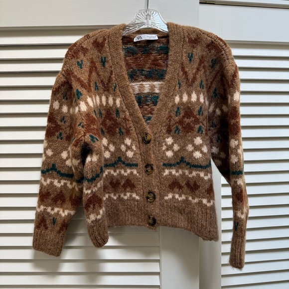 Zara Brown and Cream Patterned Cardigan - Picture 2 of 5